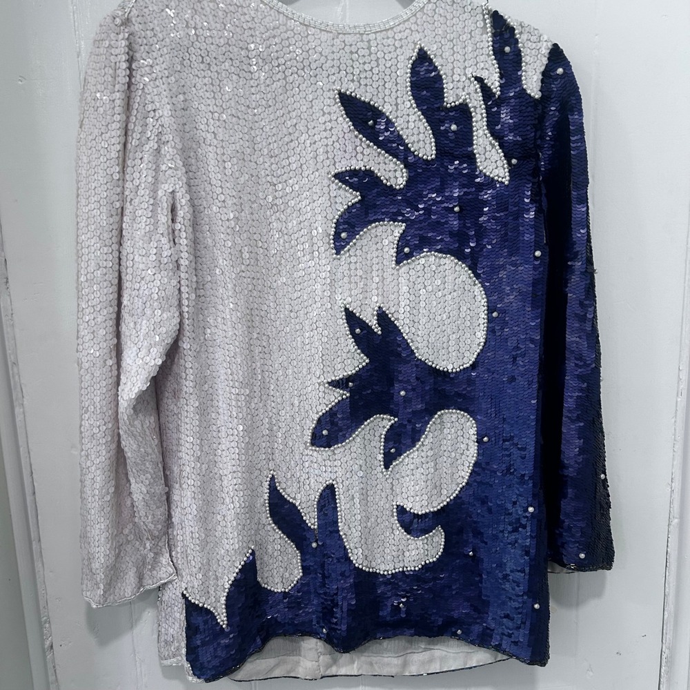 Judith Ann Creations Silk Sequin Top Blue White Pearl Art to Wear Small NWT